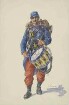 Tambour des franz. 158. Infanterie-Regiments in Uniform, Mütze, Feldausrüstung und Trommel, stehend, Brustbild