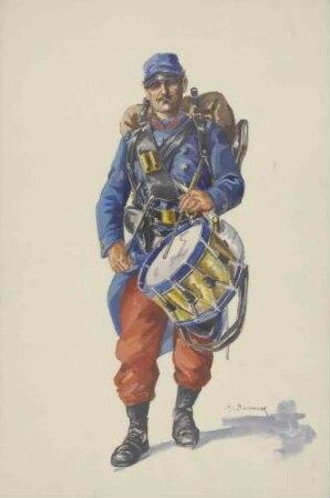 Tambour des franz. 158. Infanterie-Regiments in Uniform, Mütze, Feldausrüstung und Trommel, stehend, Brustbild