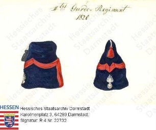 Militär, Uniformen / Großherzoglich hessisches II. Garde-Infanterie-Regiment / Feldmütze, getragen 1820-1824 / Vorder- und Seitenansicht