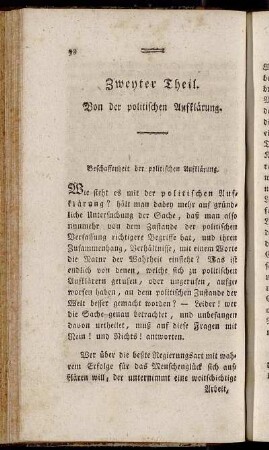 Zweyter Theil. Von der politischen Aufklärung.