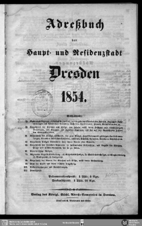 1854: Adreßbuch der Haupt- und Residenzstadt Dresden