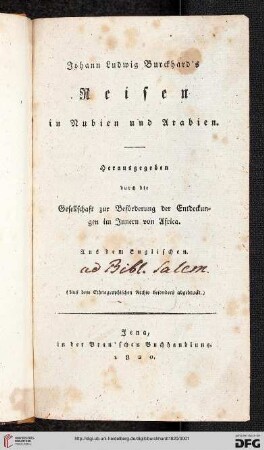 Johann Ludwig Burckhard's Reisen in Nubien und Arabien : aus dem Englischen