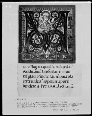 Gebetbuch aus dem Benediktinerinnenkloster Sankt Erentrud auf dem Nonnberg — Initiale M mit Petrus, Folio 37recto