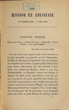 Une mission en Abyssinie et dans la mer rouge 23 Octobre 1859 - 7 mai 1860 : Par le Stanislas Russel. Préface de M. Gabriel Charmes