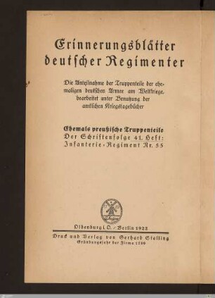 Infanterie-Regiment Nr. 55 : nach amtlichen Mitteilungen