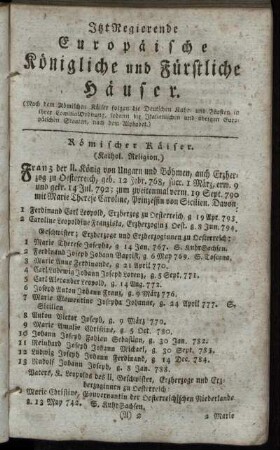 Itzt Regierende Europäische Königliche und Fürstliche Häuser