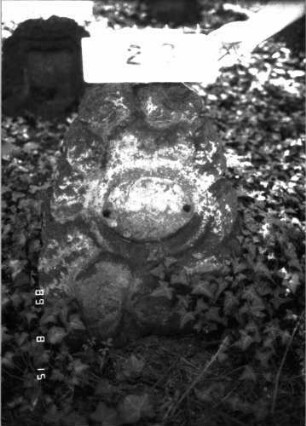Grabstein 23 (Index: 100105617) Material: Muschelkalk Zustand: Schriftplatte fehlt Maße HxBxT: 72x53x30 cm Beschreibung: Stele, rustica, Rundbogenabschluß, ovales Schriftfeld: Grabstein 23