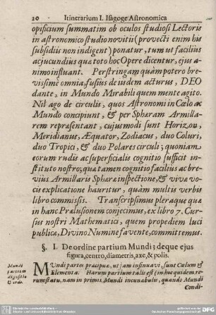 I. De ordine partium Mundi, deque eius figura, centro, diametris, axe et polis.