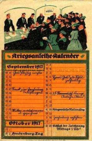 Grafisch gestalteter Kalender in Postkartenformat mit eingedruckten Daten zur Kriegsanleihe im September/Oktober 1917