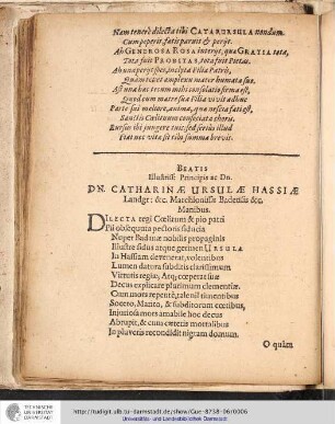 Beatis Illustriss: Principis ac Dn. Dn. Catharinæ Ursulæ Hassiæ Langr: &c. Marchionissæ Badensis &c. Manibus.