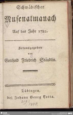 1782: Schwäbischer Musenalmanach : auf d. Jahr ...