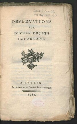 Observations Sur Divers Objets Importans