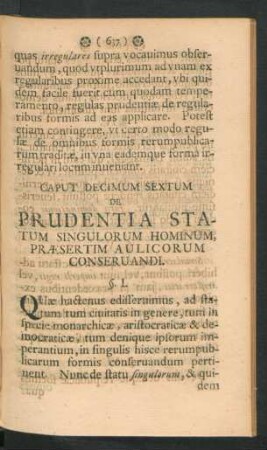 Caput Decimum Sextum. De Prudentia Statum Singulorum Hominum, Praesertim Aulicorum Conservandi.