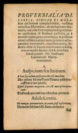 Proverbialia Dicteria, Ethicam Et Moralem doctrinam complectentia, versibus veteribus Rhytmicis, ab antiquitate mutuatis, una cum Germanica interpretatione conscripta ...