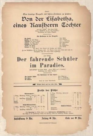 Theaterzettel zur Aufführung "Von der Lisabetha, eines Kaufherrn Tochter." und "Der fahrende Schüler im Paradies. von Hans Sachs." in der Spielzeit 1893/94 des Herzoglichen Sachsen-Meiningischen Hoftheaters im Stadttheater Hildburghausen.