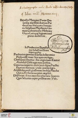 Baptistae Mantuani Poetae Oratorisq[ue] clarissimi duarum Parthenicum libri
