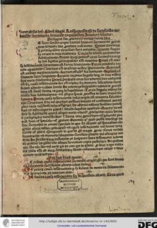 Venerabilis domini Alberti Magni Ratisponensis episcopi de sacrosancto eukaristie sacramento sermones equisitissimi Incipiunt feliciter.