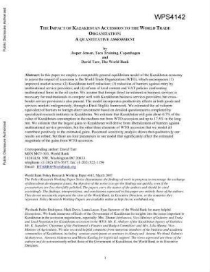 The impact of Kazakhstan accession to the World Trade Organization : a quantitative assessment