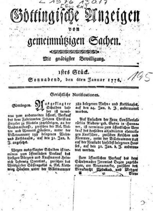 1stes Stück. Sonnabend, den 6ten Januar 1776.