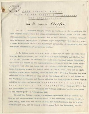 [3]: José Toribio Medina : eine Skizze seines Lebensganges und Lebenswerkes