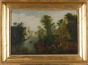 Landschaft: Dorf an den Ufern eines Flusses (Niederländische Dorfgracht)