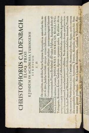 Christophorus Caldenbach, Eloq. Prof. Ejusdem In Academia Tubingensi Studiosis S. D.
