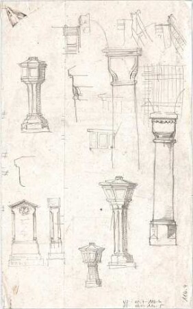 Voit, August von; unbestimmte Zeichnungen - Kapitelle, Taufbecken, Grabstein, Dachtraufen (Ansicht, Details)