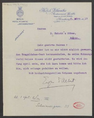 Brief an B. Schott's Söhne : 02.03.1913