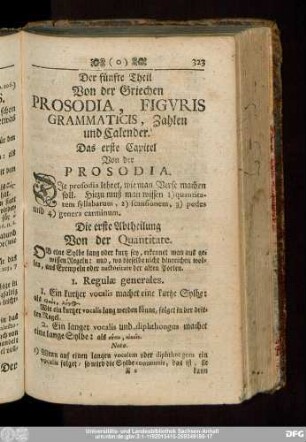 Der fünfte Theil Von der Griechen Prosodia, Figuris Grammaticis, Zahlen und Calender.
