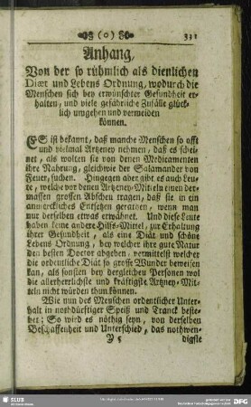 Anhang, Von der so rühmlich als dienlichen Diaet und Lebens-Ordnung, ...