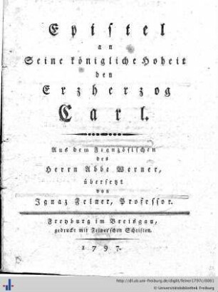 Epistel an Seine königliche Hoheit den Erzherzog Carl