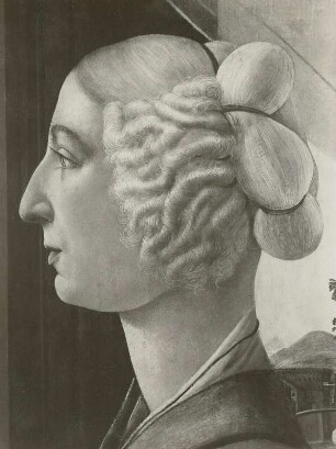 Bildnis einer jungen Frau im Profil, mit den später hinzugefügten Attributen der heiligen Katharina. (Caterina Sforza?)