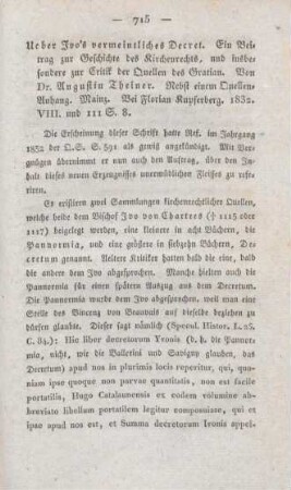 715-725 [Rezension] Theiner, Augustin, Ueber Ivo's vermeintliches Decret