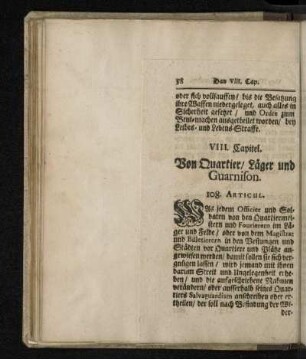 VIII. Capitel. Von Quartier/ Läger und Guarnison.