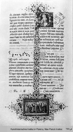 Breviarium Romanum, mit Kalendarium : Textseite mit im Bordürenstab eingeschlossenem Medaillon, darin die 'Sacra Conversazione', sowie historisierte Initiale D, darin Gottvater