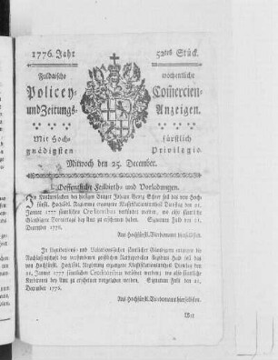 52tes Stück, Ausgabe vom 25. December 1776