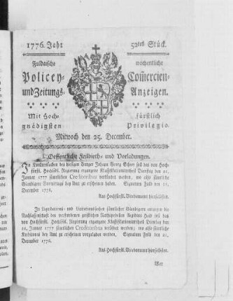 52tes Stück, Ausgabe vom 25. December 1776