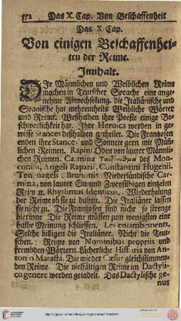 Das X. Cap.: Von einigen Beschaffenheiten der Reime