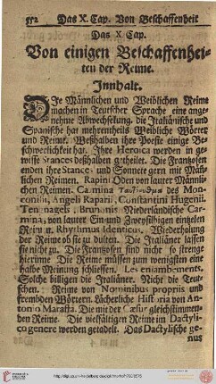 Das X. Cap.: Von einigen Beschaffenheiten der Reime