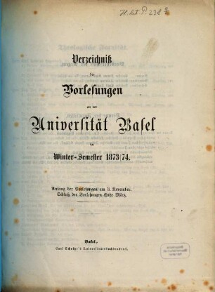 Verzeichnis der Vorlesungen. 1873/74, 1873/74. WS.