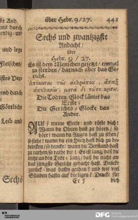 Sechs und zwantzigste Andacht / über Hebr. 9 / 27.