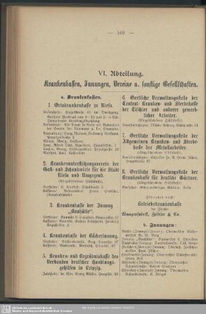 VI. Abteilung. Krankenkassen, Innungen, Vereine u. sonstige Gesellschaften