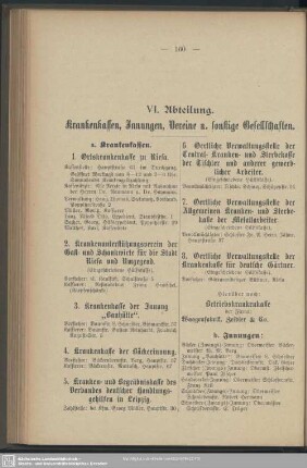 VI. Abteilung. Krankenkassen, Innungen, Vereine u. sonstige Gesellschaften
