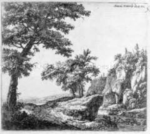 Baumbestandener Felsen (Wanderer, am Weg sitzend mit zwei Hunden) - aus einer unbekannten Folge