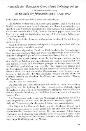 Ansprache des Abiturienten Georg Martin Schlesinger bei der Abiturientenentlassung in der Aula des Johanneums am 4. März 1967