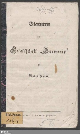 Statuten der Gesellschaft '"Harmonie" zu Bautzen