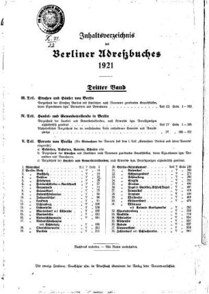 Inhaltsverzeichnis des Berliner Adreßbuches 1921 Dritter Band