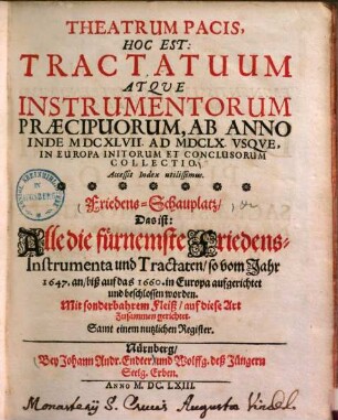 Theatrum pacis : hoc est: tractatuum atque instrumentorum praecipuorum, ab anno inde MDCXLVII ad MDCLX usque in Europa initorum et conclusorum collectio = Friedens-Schauplatz