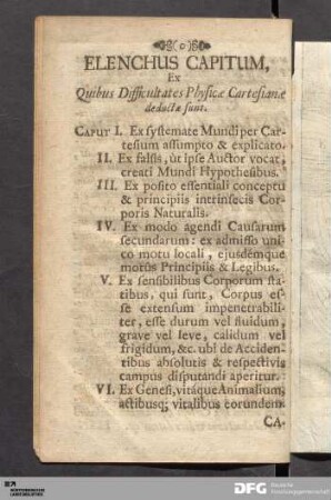 Elenchus Capitum, Ex Quibus Difficultates Physicæ Cartesianæ deductæ sunt