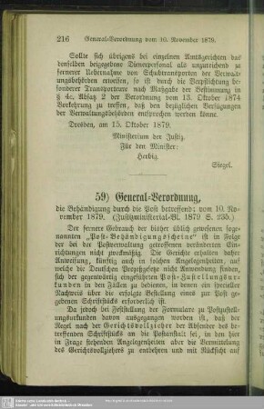 59) General-Verordnung, die Behändigung durch die Post betreffend; vom 10. November 1879